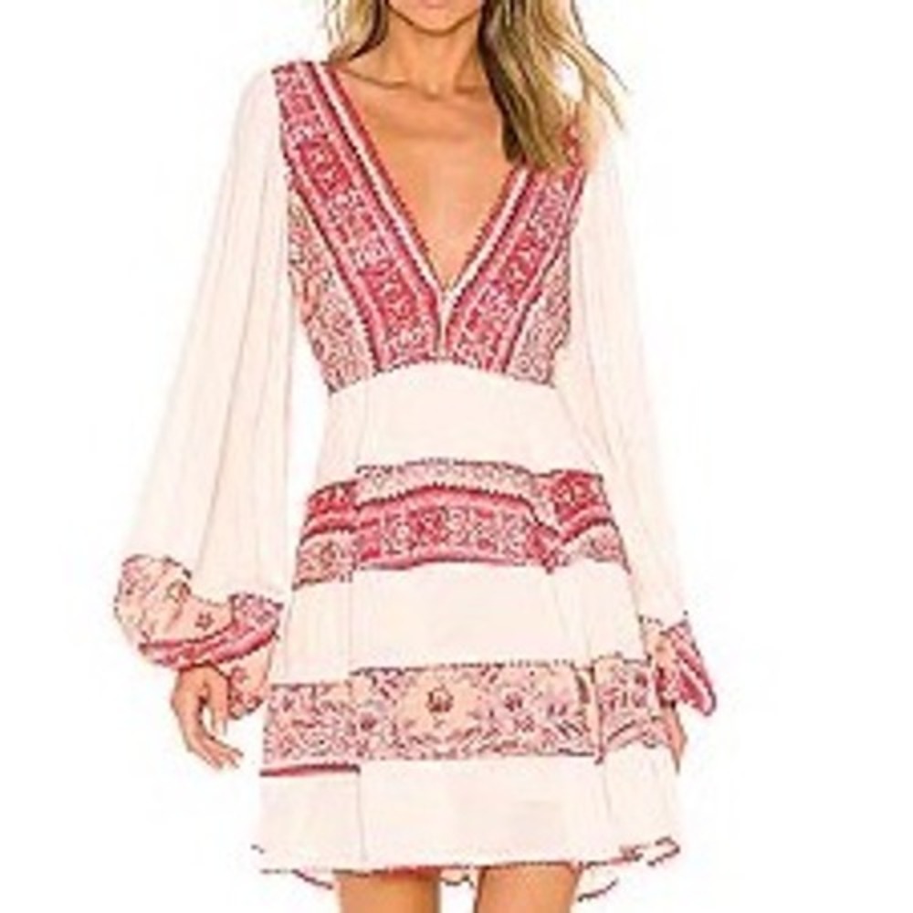 Free People Women's My Love Mini Dress Pink Size XS Boho Pom Pom Balloon Sleeves
